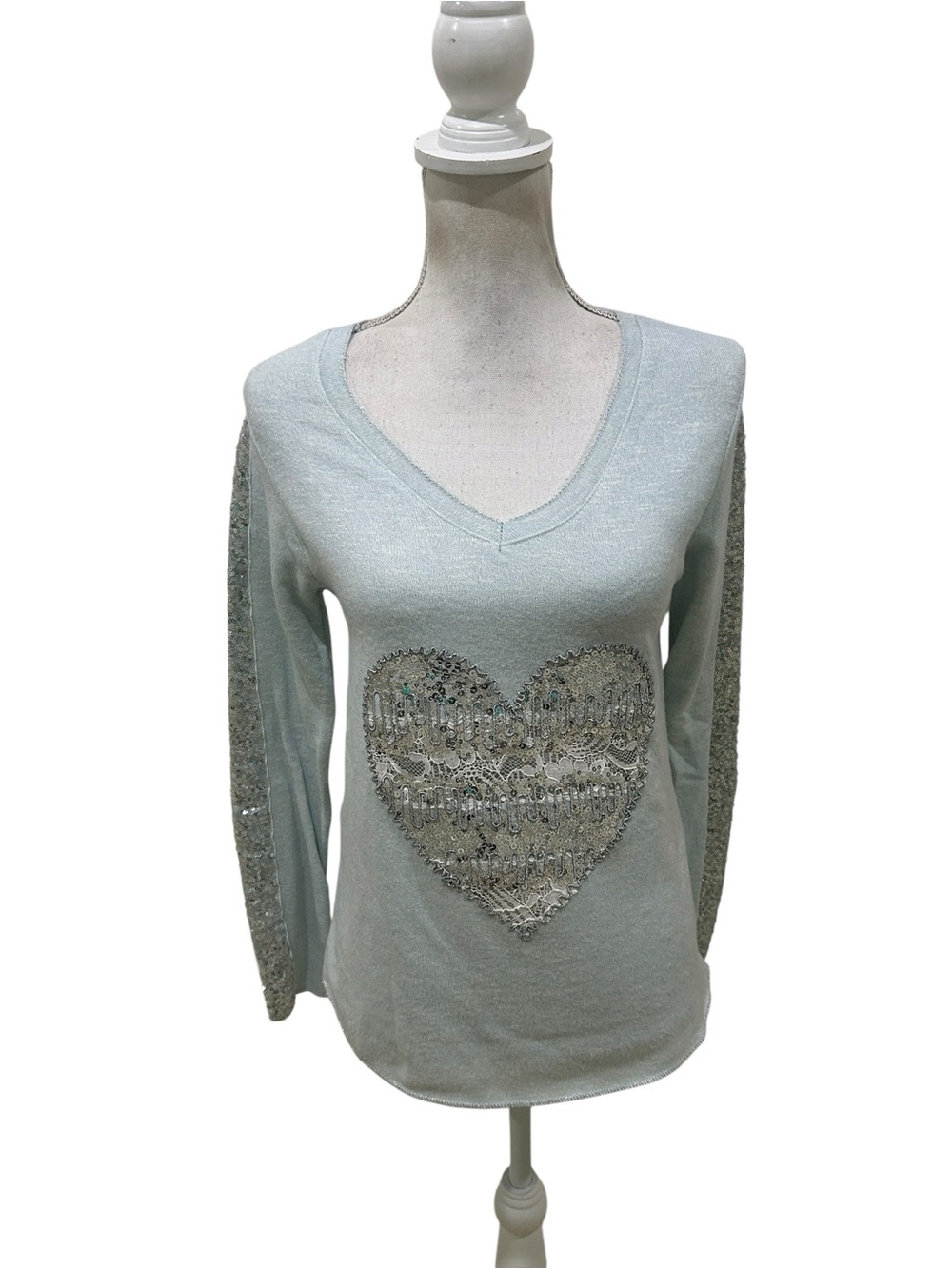 NWT brand bazar silver sequins Heart V-Neck Sweater Aqua wool/cotton size 6